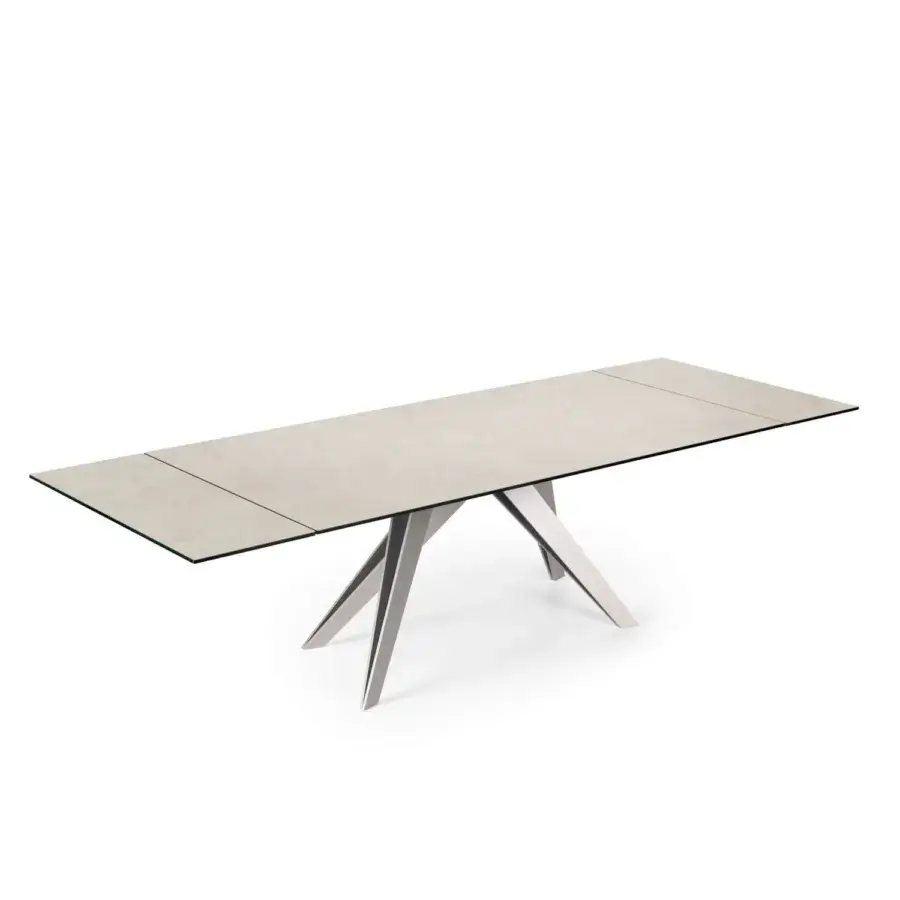 Superior Naos Somnia table with neutral gray ceramic tabletop and silvery gray satin-finish metal base