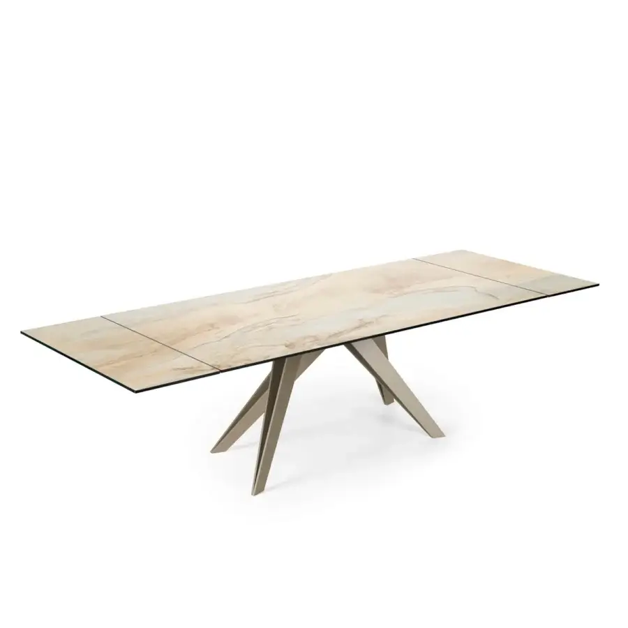 Elegant Naos Somnia table with beige, cream and pale green ceramic tabletop and glossy muted gold metal base