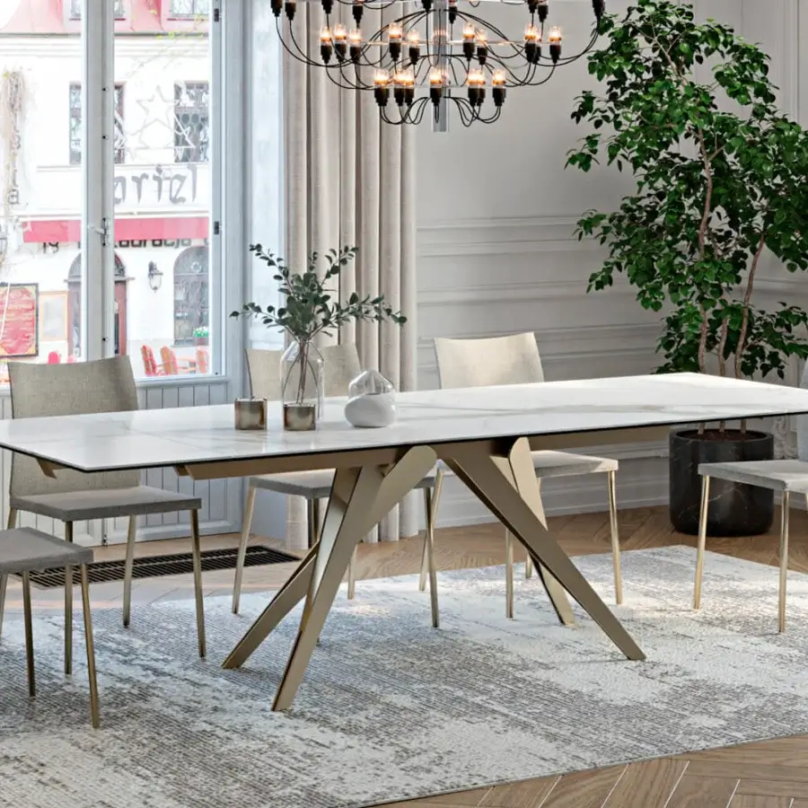 Exceptional Naos Somnia table with white glass tabletop and neutral gray painted metal crossed-leg base