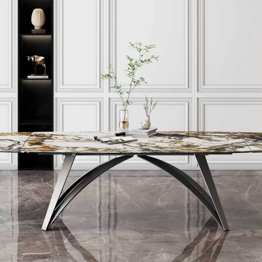 Exceptional Naos Brunelleschi table with cream, gold and brown veined ceramic tabletop and painted metal base