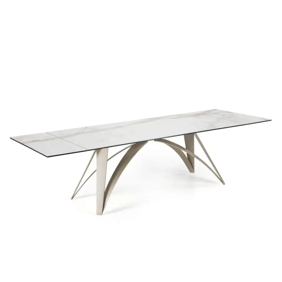 Elegant Naos Brunelleschi table with white and grey veined ceramic tabletop and satin painted metal base
