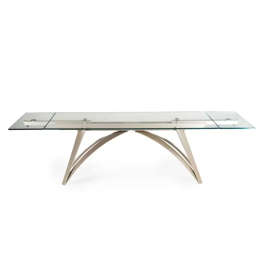 Superior Naos Brunelleschi table crafted with a glossy glass tabletop and sculptural vaulted base in a satin silver tone