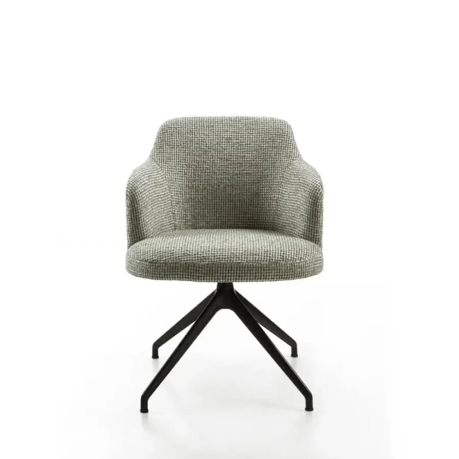 Distinguished Porada Abby armchair with gray and off-white checkered textile and sleek black metal base allowing rotation