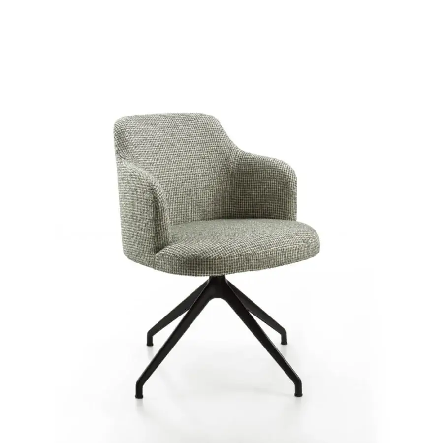 Exceptional Porada Abby armchair with muted gray and white checkered textile upholstery and matte black metal swivel base