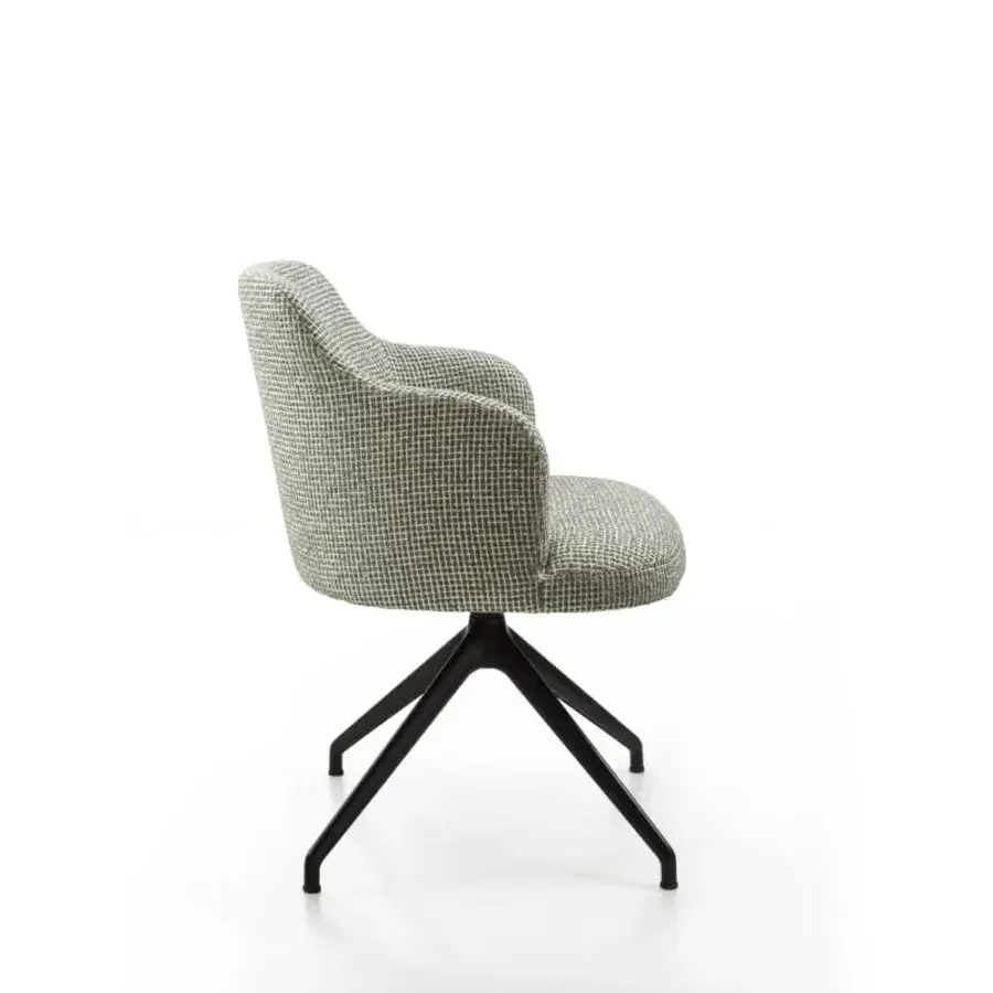 Distinguished Porada Abby armchair with muted gray-green textile upholstery and matte black metal swivel base