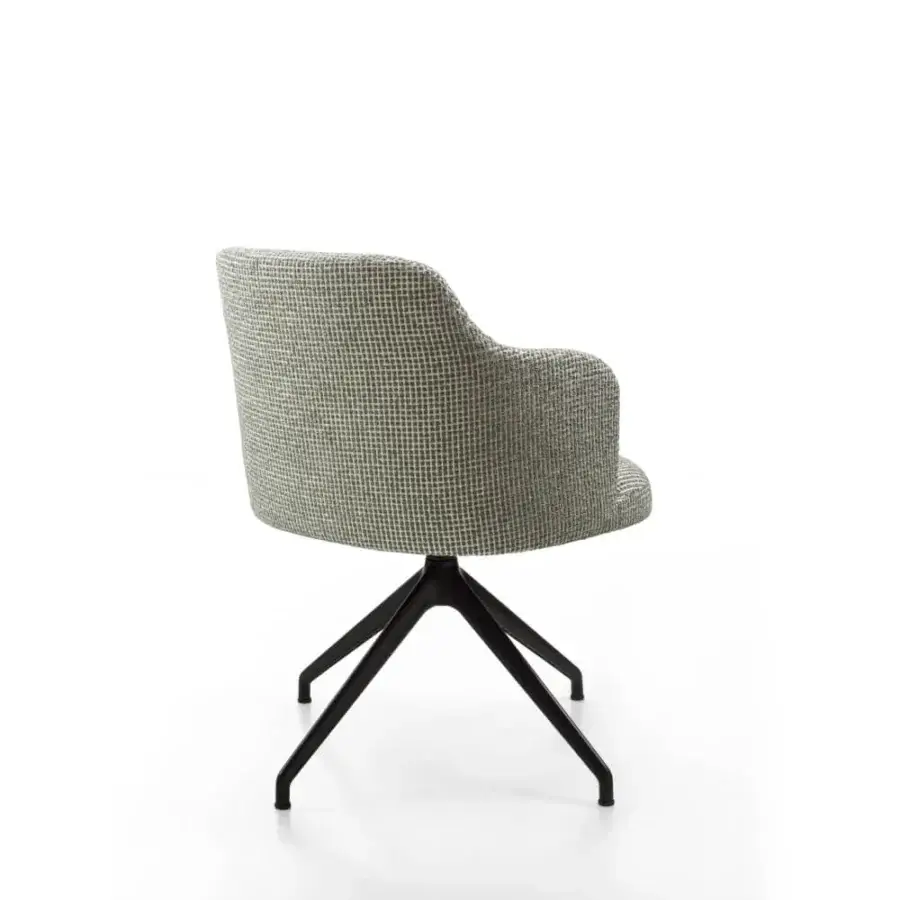 Elegant Porada Abby armchair with gray and white checkered textile upholstery and sleek matte black metal swivel base