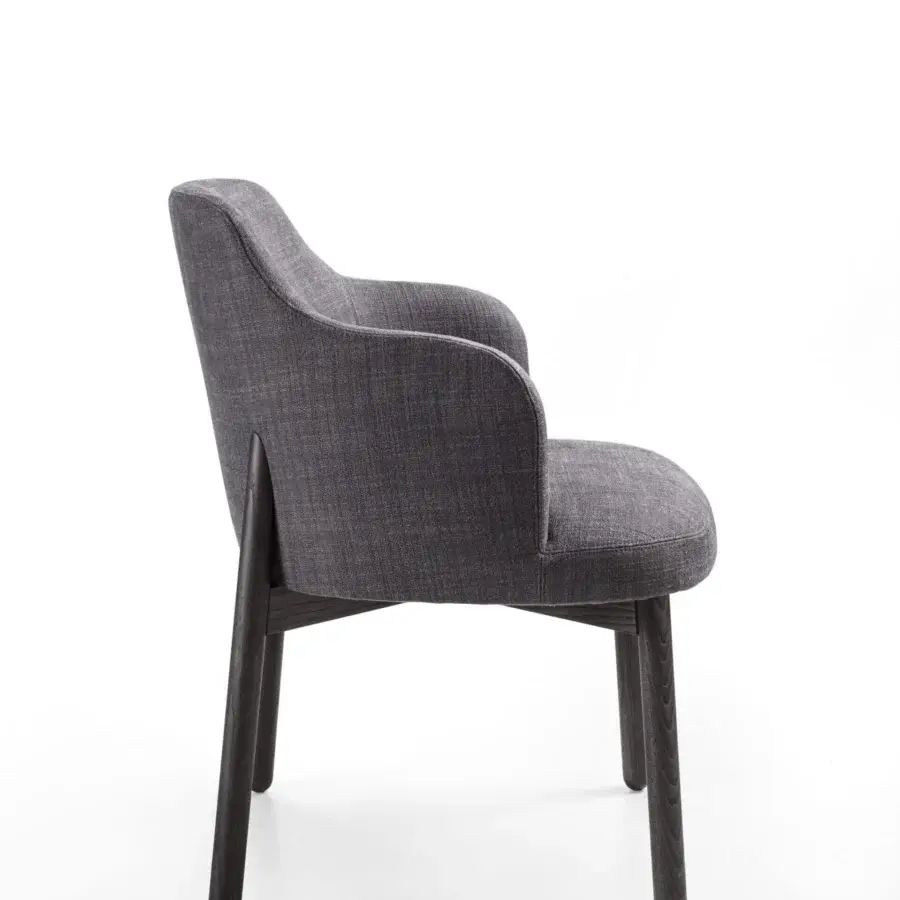 Superior Porada Abby chair with curved Canaletto walnut frame and softly contoured medium gray textile upholstery