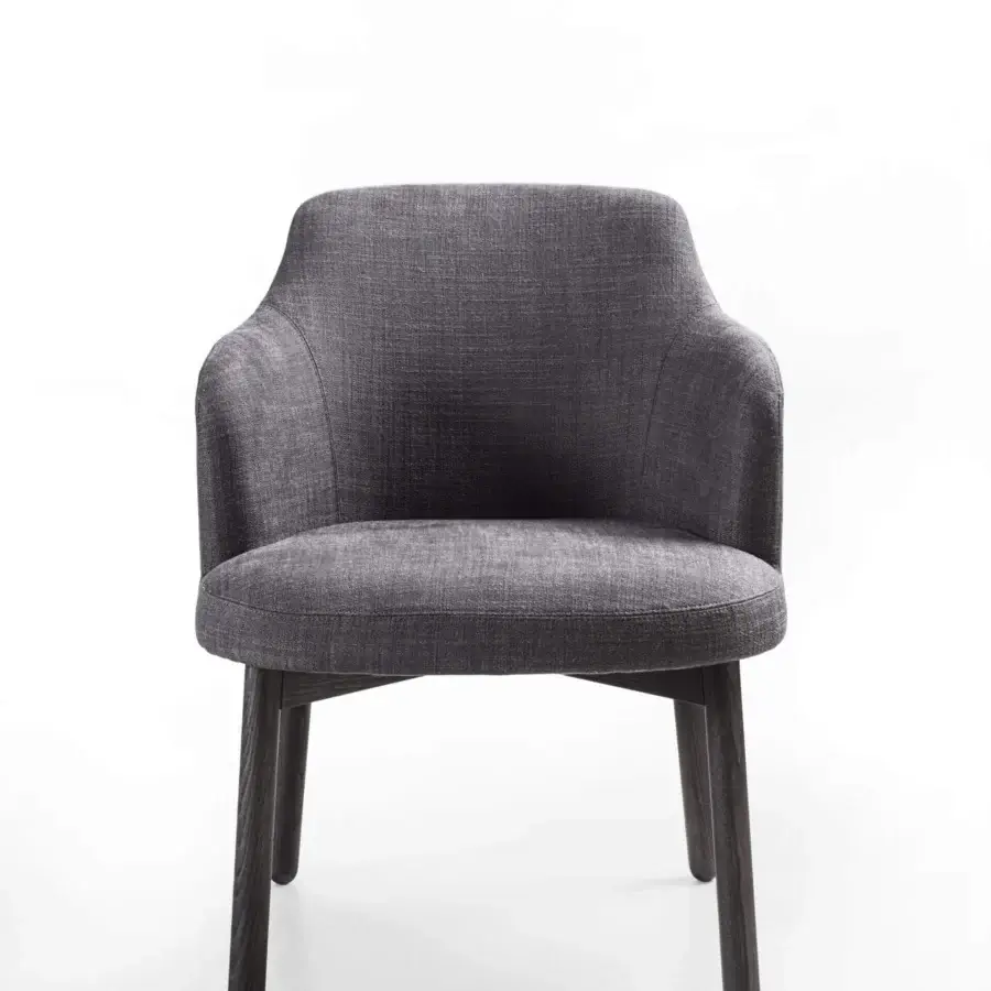 Elegant Porada Abby chair with softly contoured gray textile upholstery and satin Canaletto walnut frame