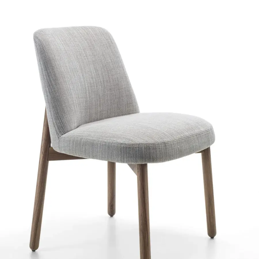 Elegant Porada Abby chair with a solid Canaletto walnut frame and light gray woven textile seat and backrest