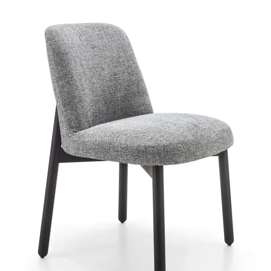Elegant Porada Abby chair with a gently curved Canaletto walnut frame and heathered gray woven textile seat