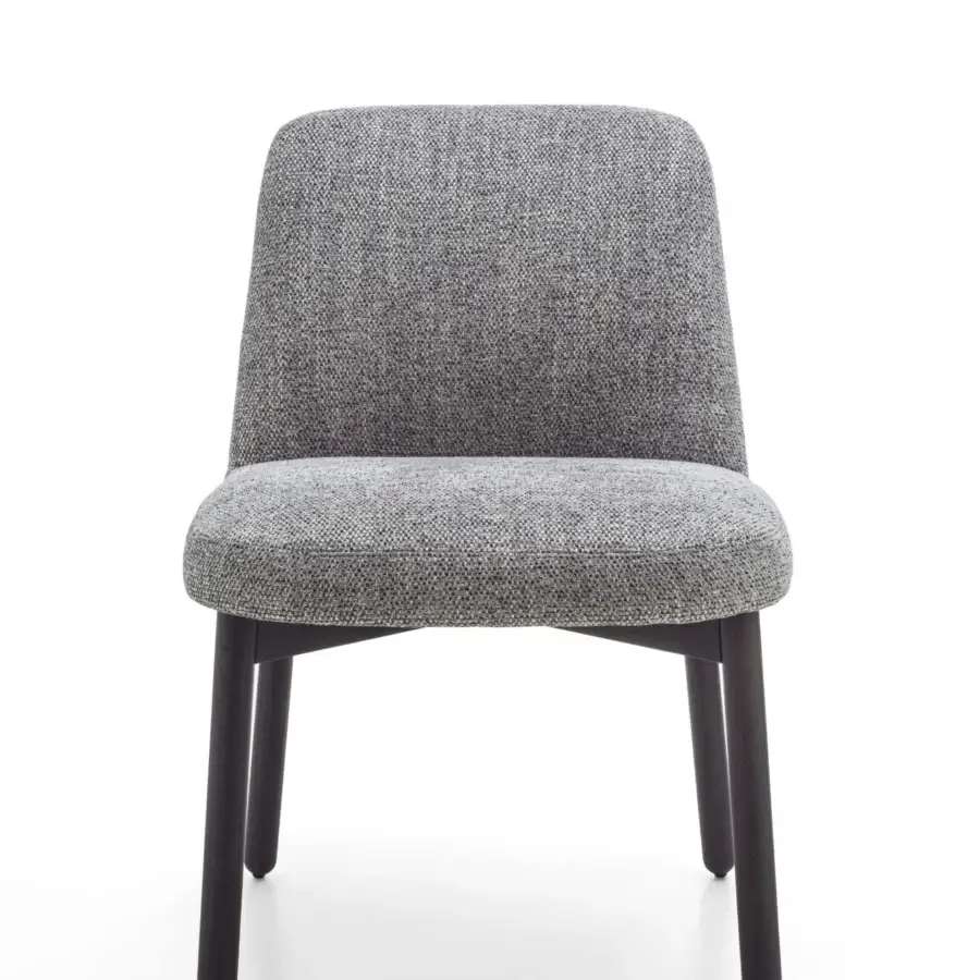 Captivating Porada Abby chair with a solid Canaletto walnut frame and muted gray textured textile upholstery with a dark matte finish