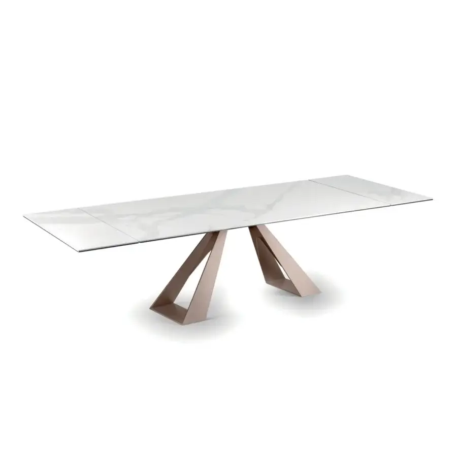 Distinguished Naos Diapason table with white and grey marble veined ceramic and satin-finish painted warm grey metal base