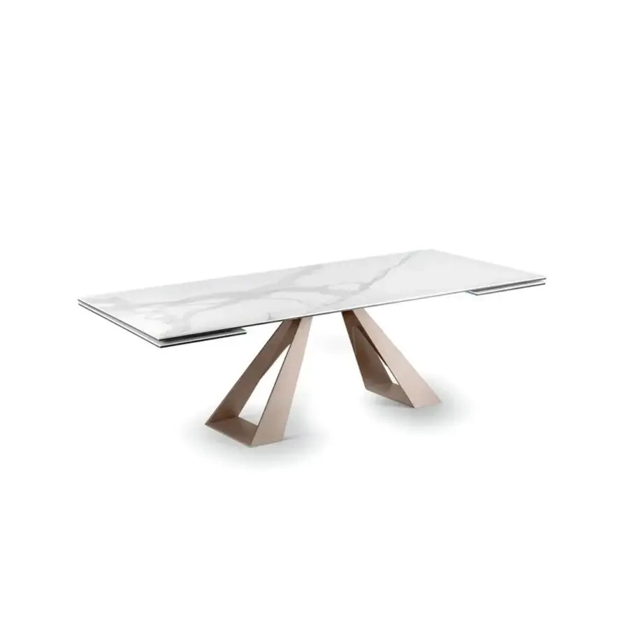 Exceptional Naos Diapason table with white and grey veined ceramic tabletop and brushed satin metal legs finished with a polished glossy surface