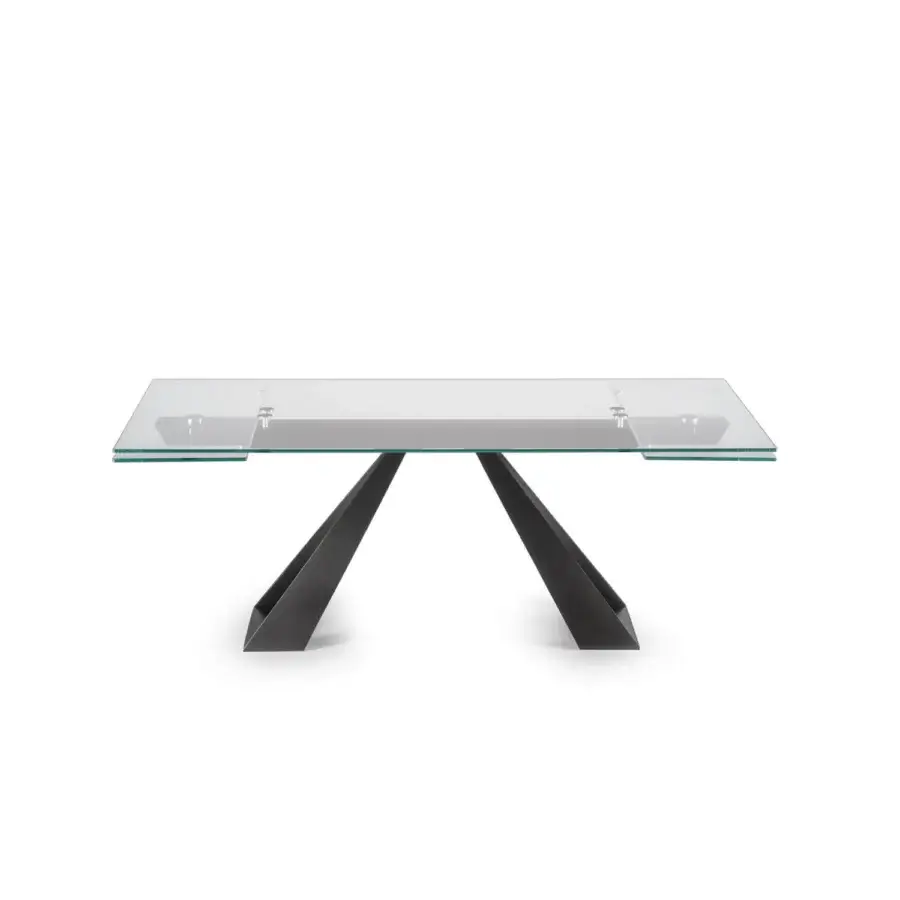 Distinguished Naos Diapason table with clear glass top and dark gray matte painted metal base offering extension functionality