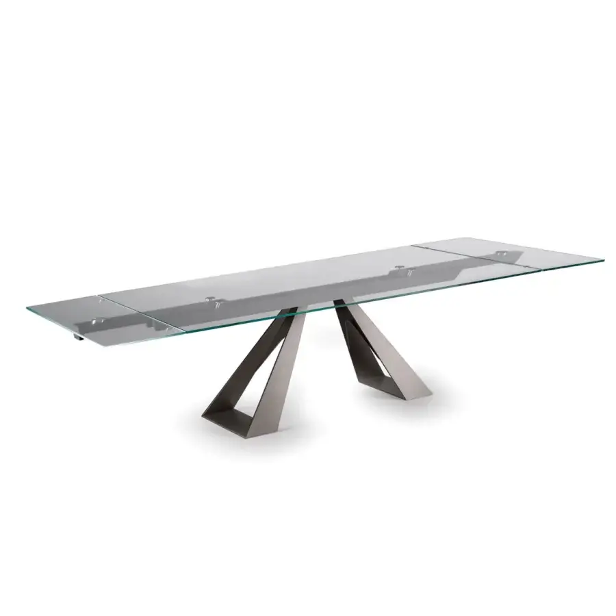Superior Naos Diapason table with smooth glass tabletop and matte grey painted metal base crafted with a patented extension mechanism