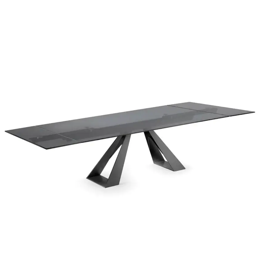 Exceptional Naos Diapason table with smoky gray glass tabletop and painted metal base crafted in a minimalist design