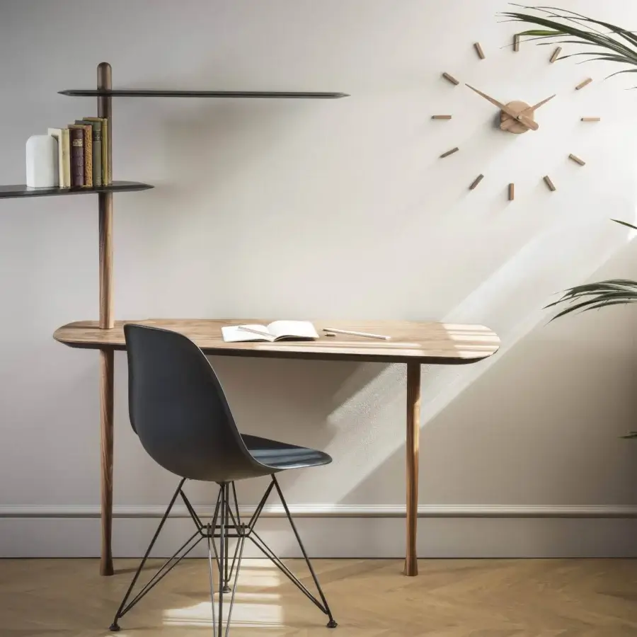Elegant Nomon Sunset wall clock crafted in medium-toned wood with slender indicators and a satin finish