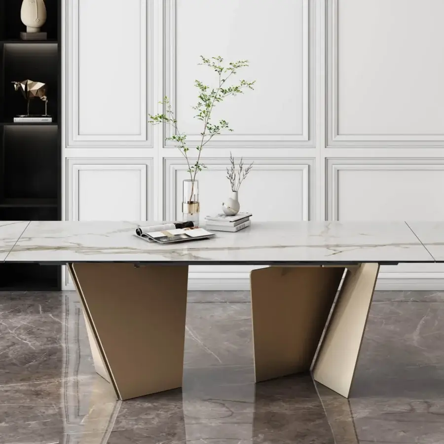 Distinguished Naos Lastre table with glossy ceramic displaying white and grey veining in sculpted golden metal
