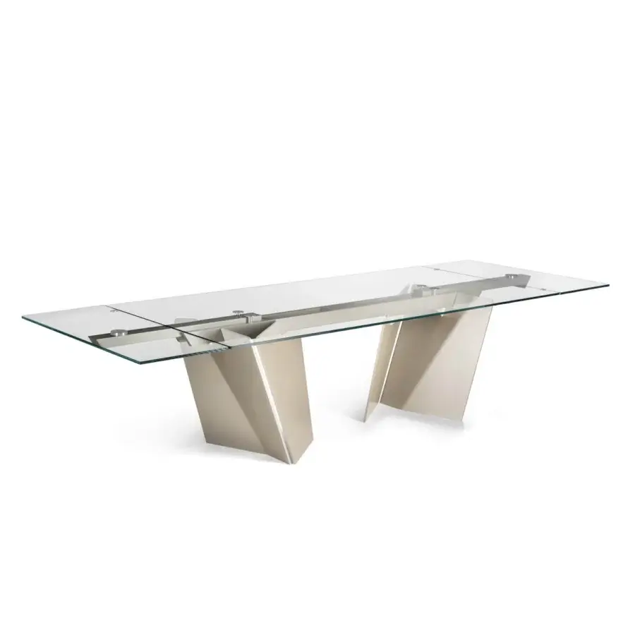 Elegant Naos Lastre table with clear glass tabletop and painted silver-grey metal base crafted for contemporary homes