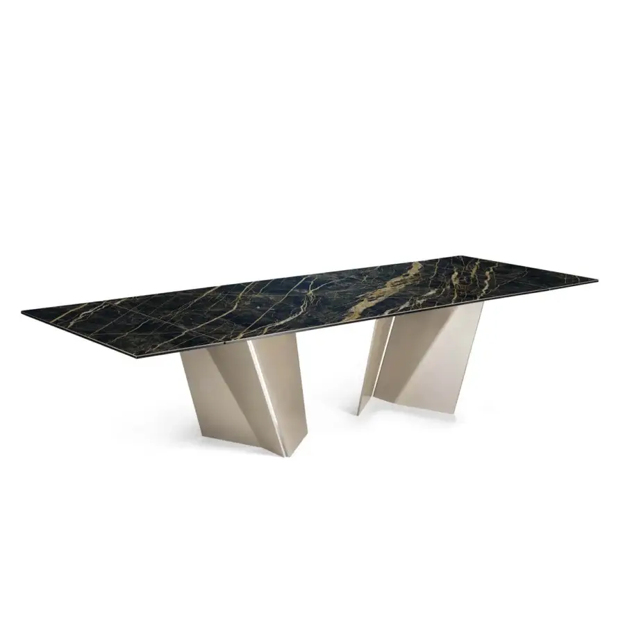 Distinguished Naos Lastre table with dark ceramic tabletop and light gold-toned painted metal bases, boasting a polished glossy finish