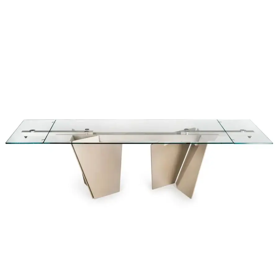 Exceptional Naos Lastre table with glossy glass tabletop and light beige painted metal base showcasing geometric lines
