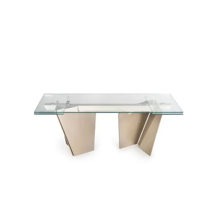 Superior Naos Lastre table with clear glass tabletop and matte metallic gold painted metal base crafted in Italy