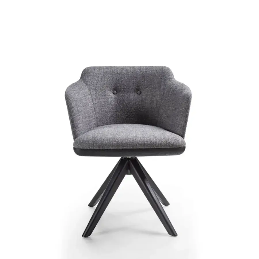 Distinguished Porada Celine armchair with soft medium gray textile upholstery and contrasting Canaletta Walnut base crafted with subtle button tufting