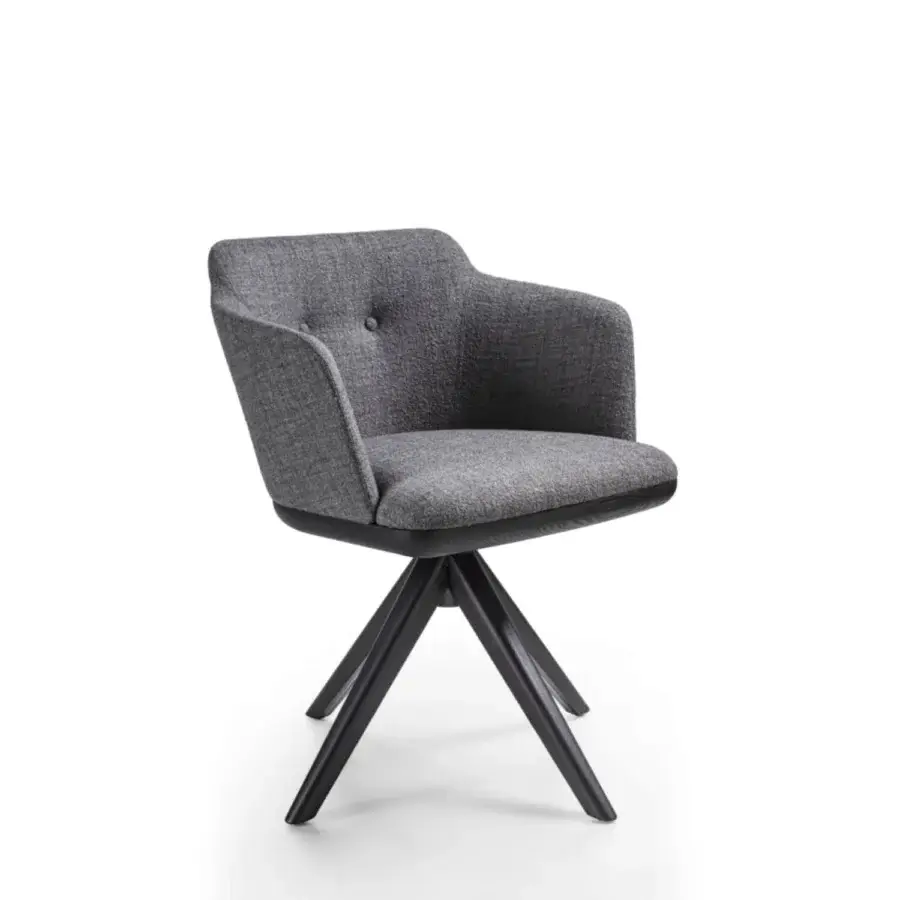 Superior Porada Celine armchair with welcoming medium gray textile upholstery and Canaletta Walnut base crafted with a satin finish