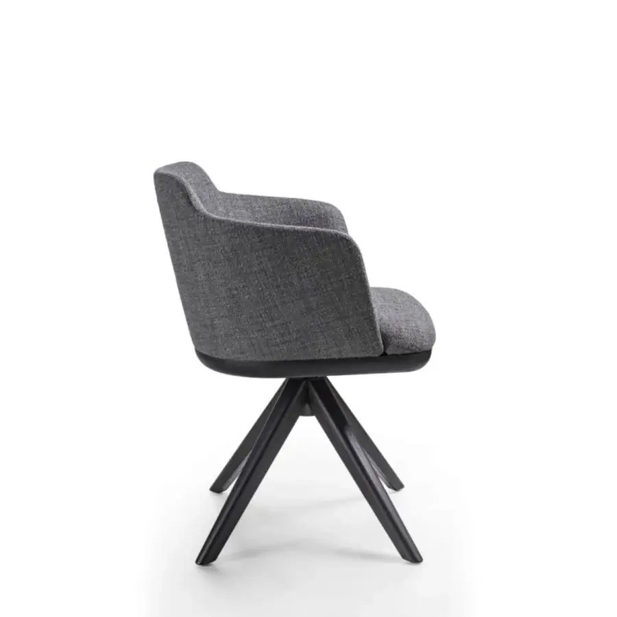 Exceptional Porada Celine armchair with soft medium gray textile upholstery and Canaletta Walnut base with dark matte finish