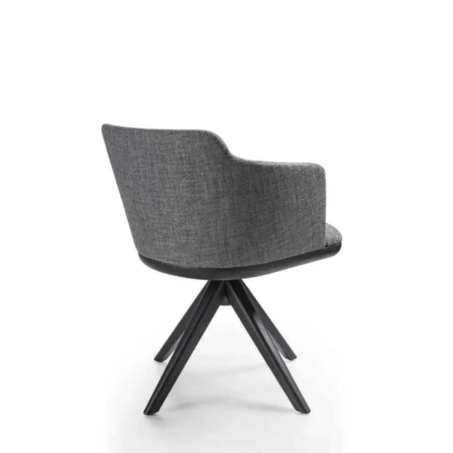 Lavish Porada Celine armchair with soft medium gray textile upholstery and dark Canaletta Walnut base