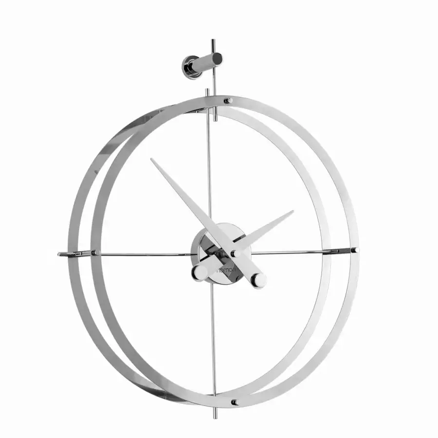 Elegant Nomon Dos Puntos wall clock crafted in polished steel with slender metallic hands and a silver finish