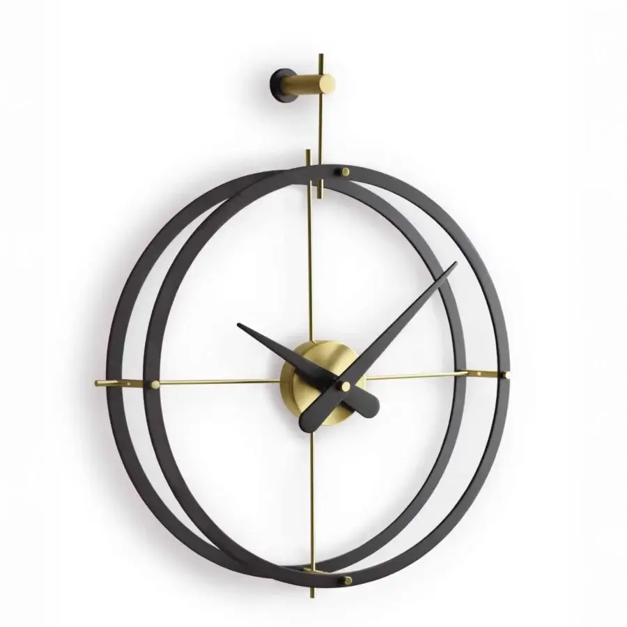 Distinguished Nomon Dos Puntos wall clock with polished steel rings and delicate gold-toned metal rods exhibiting a balanced form