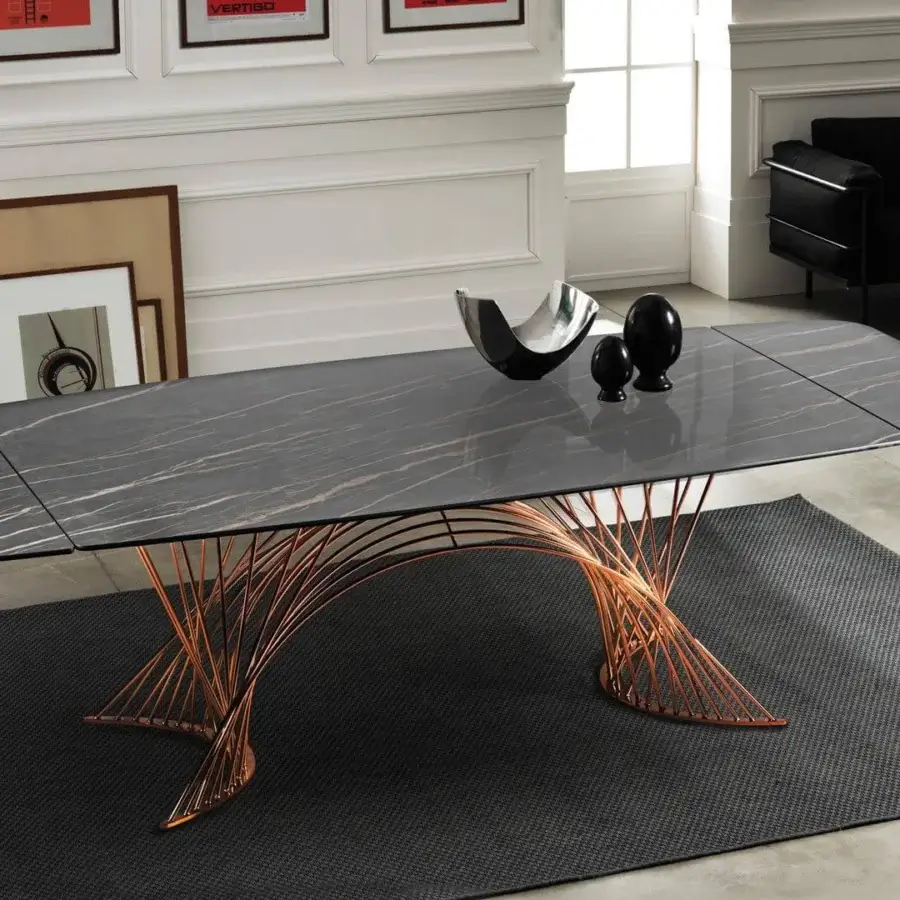Exceptional Naos Latour extendable dining table with marbled gray and beige ceramic and glossy painted bronze-toned metal base