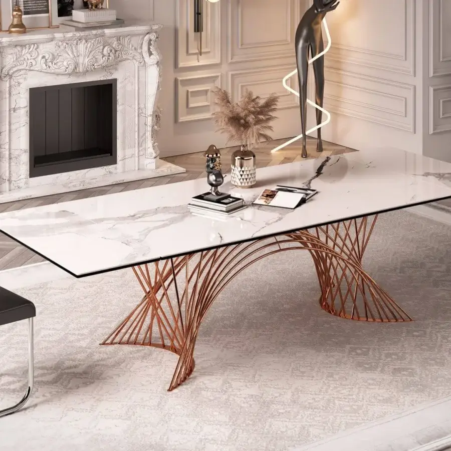 Superior Naos Latour extendable dining table with white and gray marbled glass and warm copper painted metal base