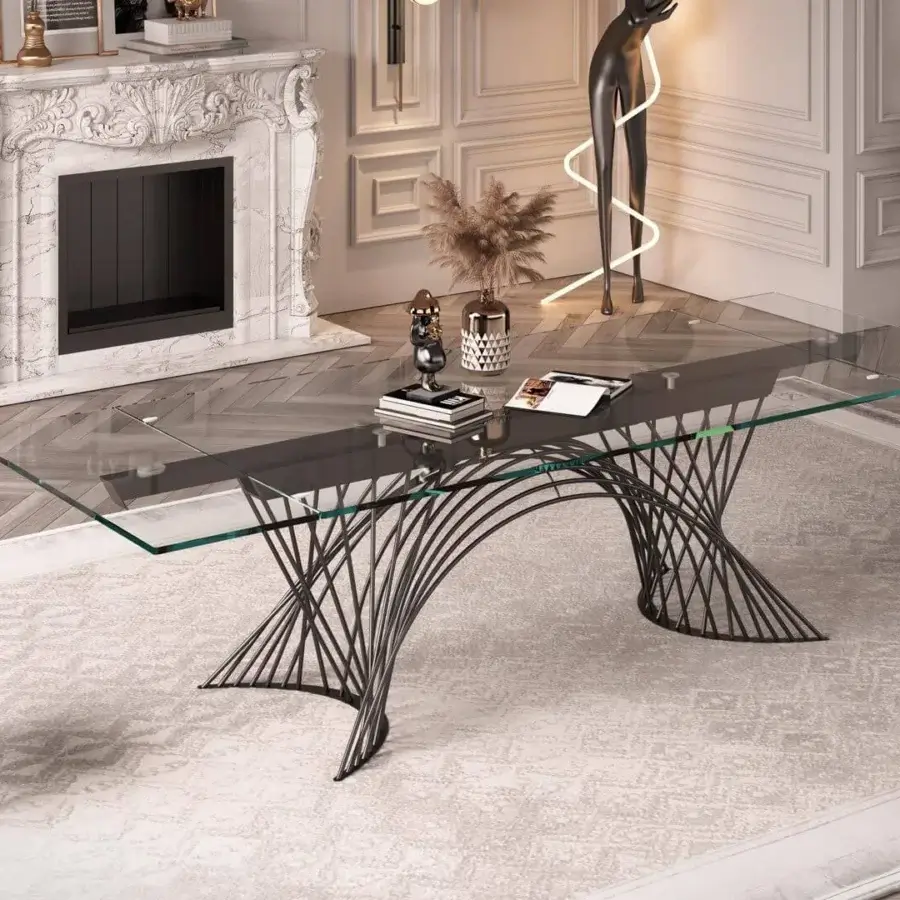 Elegant Naos Latour extendable dining table with a refined glass tabletop and dramatically sculptural painted metal base crafted in Italy