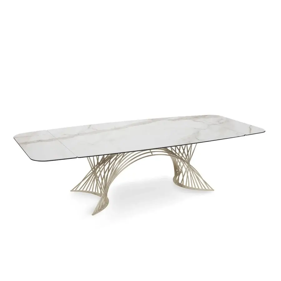 Distinguished Naos Latour table with glossy ceramic tabletop in white and grey marbleized finish and gilded metal base