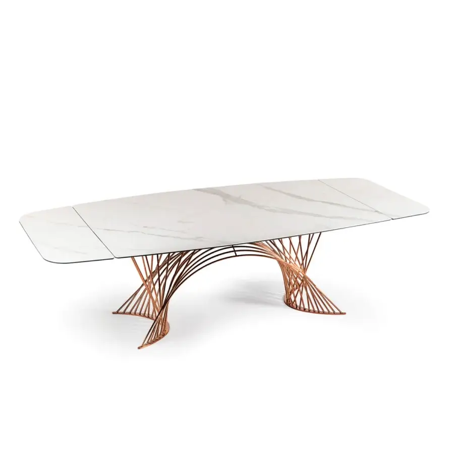 Exceptional Naos Latour table with glossy ceramic tabletop and sculptural copper-toned metal base crafted in Italy
