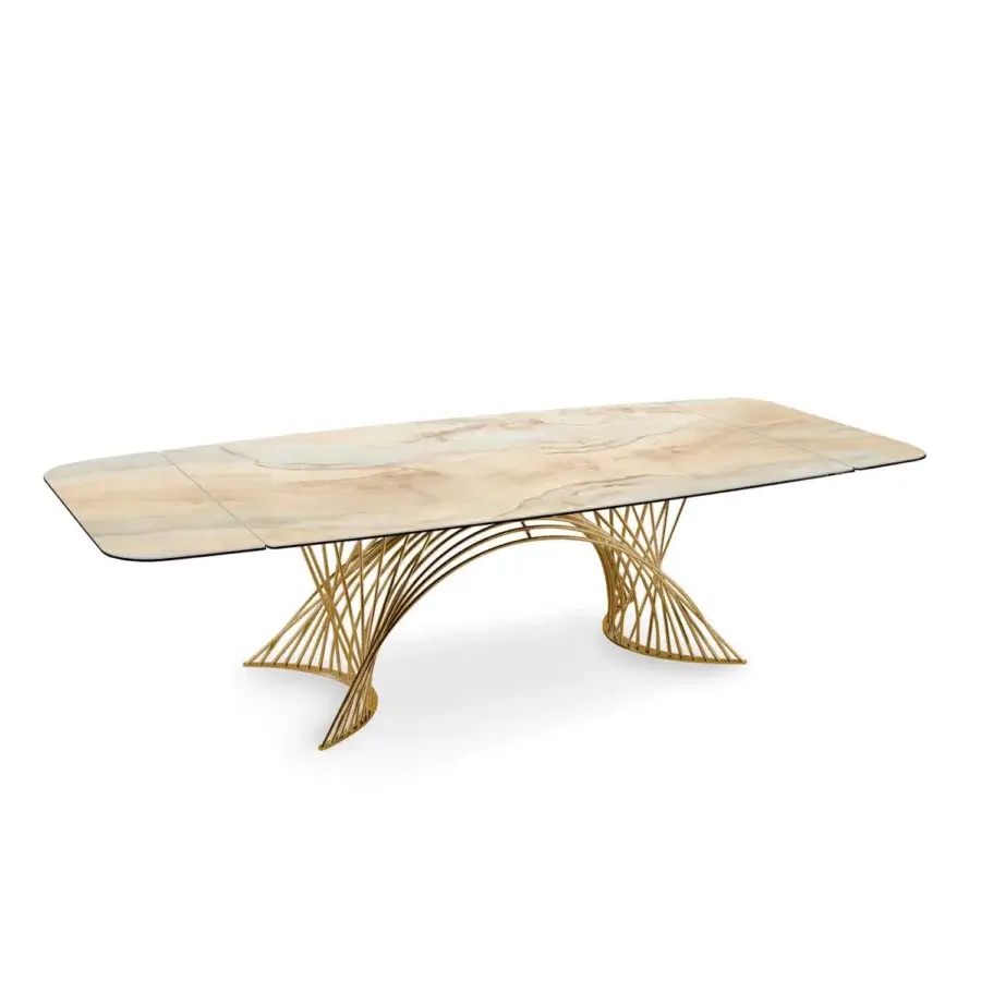 Distinguished Naos Latour table with ceramic tabletop displaying light beige and pale brown veining and a polished finish built with golden-tone painted metal