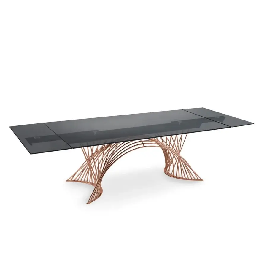 Elegant Naos Latour table with smoky gray glass tabletop and warm copper-toned painted metal base
