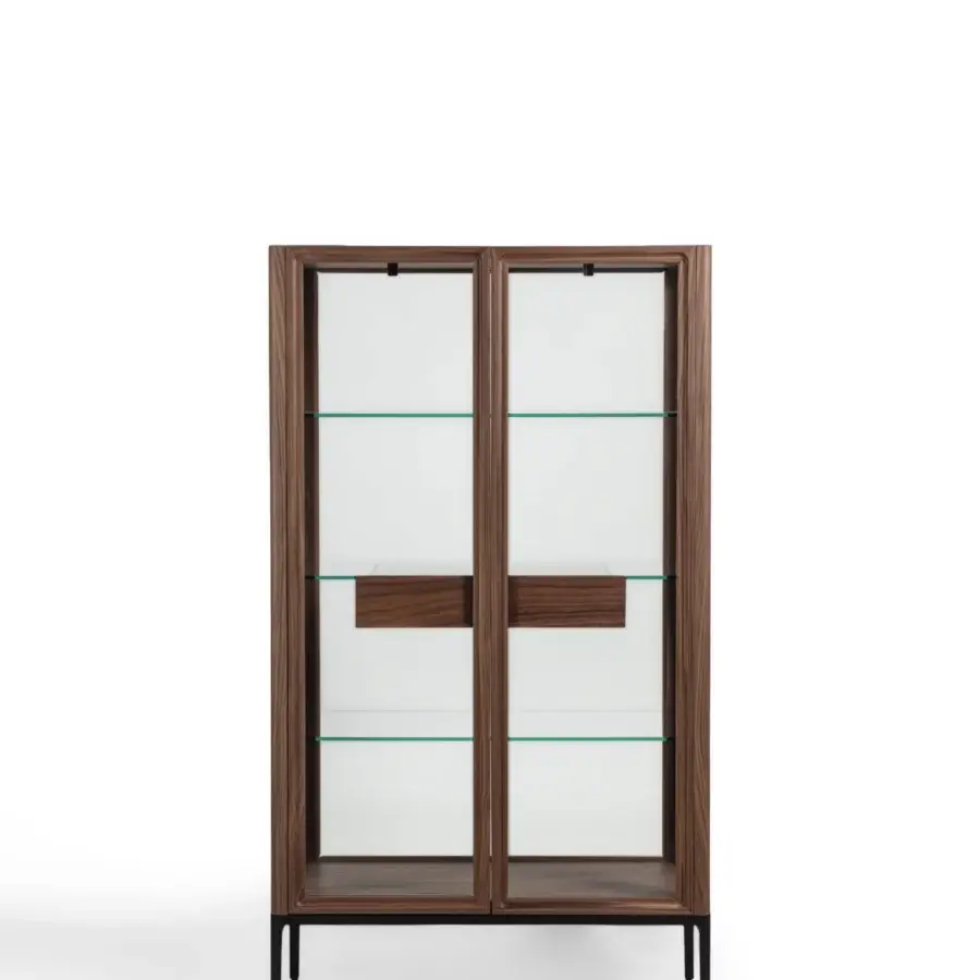 Distinctive Porada Atsuko cabinet with Canaletto walnut frame, matte black metal base and Cuoietto leather drawer lining