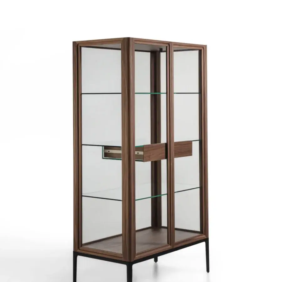 Elegant Porada Atsuko cabinet with Canaletto walnut frame, clear glass shelves and matte black metal legs