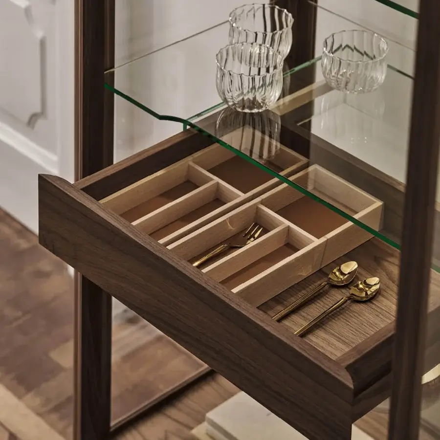 Distinguished Porada Atsuko cabinet built with Canaletto walnut and Cuoietto leather with a satin finish