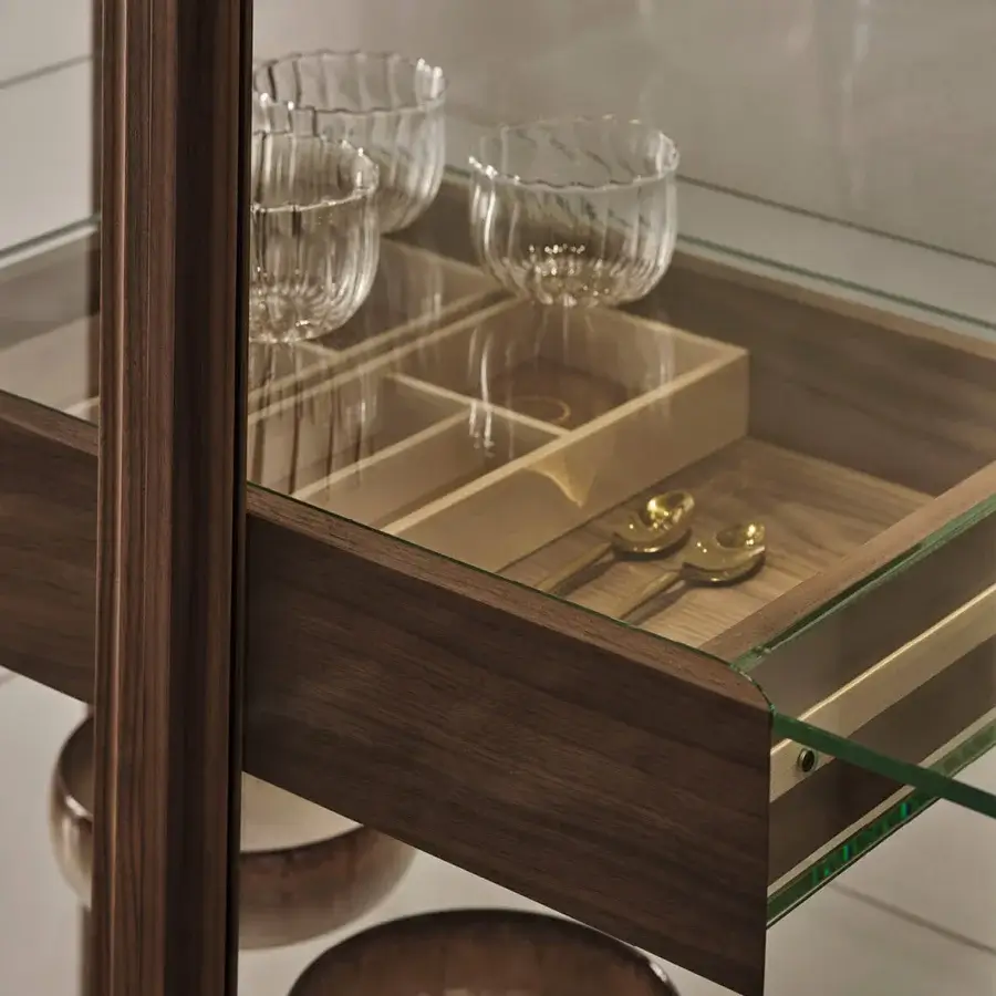 Elegant Porada Atsuko cabinet with Canaletto walnut frame, clear glass shelving and satin finish