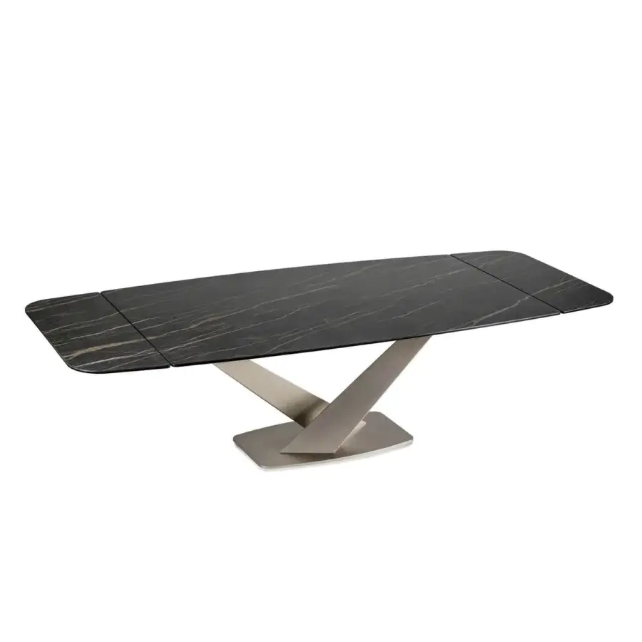 Distinguished Naos Zeus extendable dining table with dark ceramic top and warm gray/bronze satin painted metal base