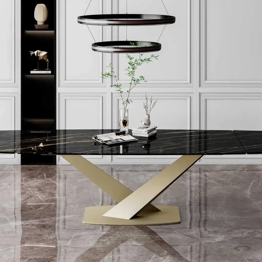 Superior Naos Zeus extendable dining table with dark veined ceramic tabletop and golden satin-finish metal base