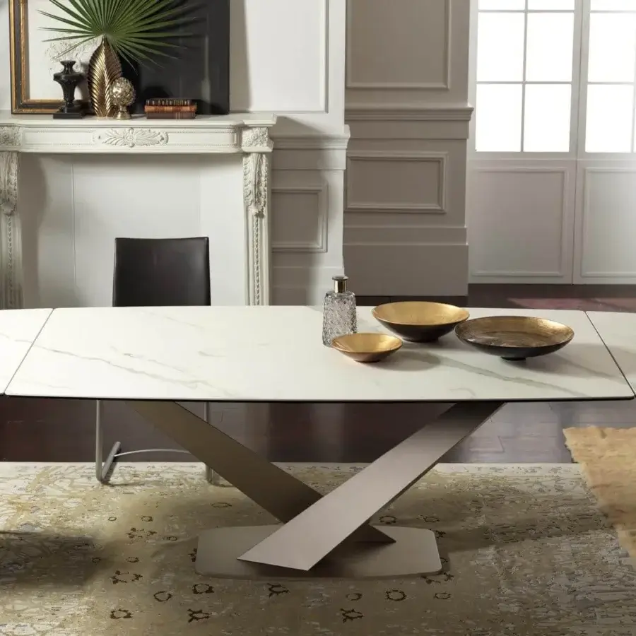 Exceptional Naos Zeus extendable dining table with glossy marble-effect ceramic and silver-gray painted metal base