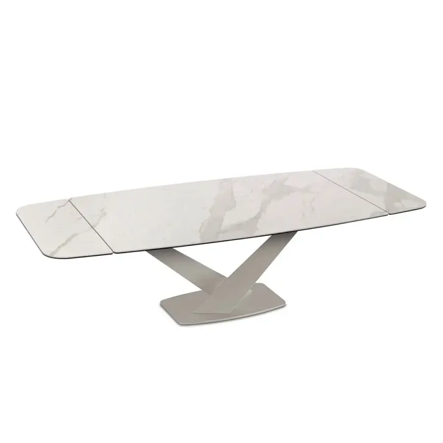 Lavish Naos Zeus extendable dining table with white marble-like ceramic and glossy painted gray metal base