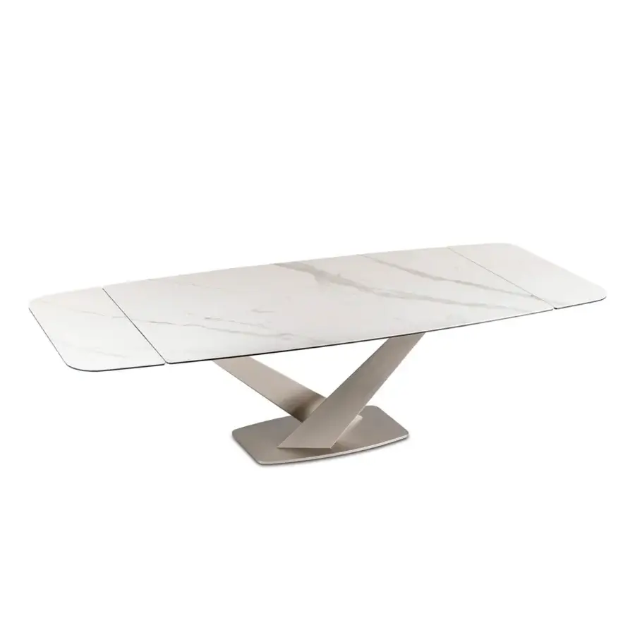 Superior Naos Zeus extendable dining table with white and grey marbleized ceramic and light grey satin metal base