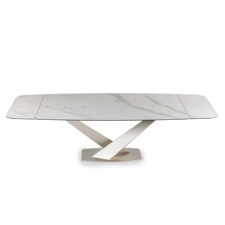 Distinguished Naos Zeus extendable dining table with a white ceramic top and grey veining in a polished glossy finish