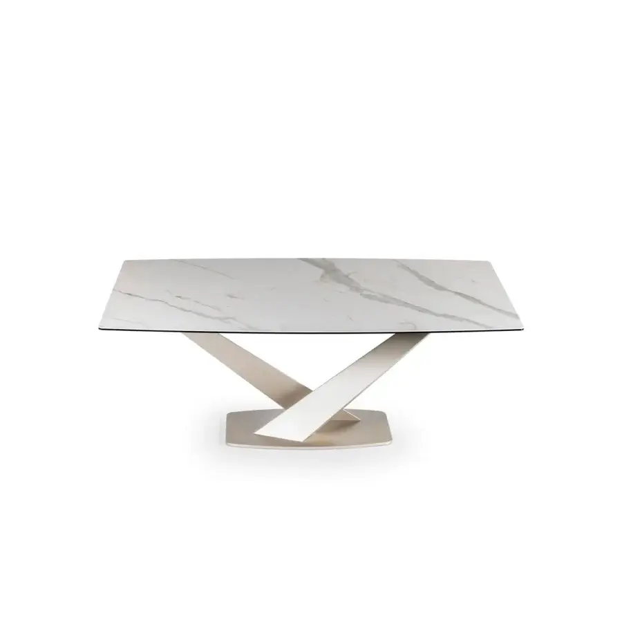 Exceptional Naos Zeus extendable dining table with polished ceramic and a light grey satin painted metal base